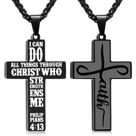 Gnamy Faith Cross Necklace for Men Male Him Teen Teenage Teenager Boys Kids, Stainless Steel Cross Pendant Chain Jewelry, Bible Verse Inspirational Christian Religious Gifts, Black Philippians 4:13