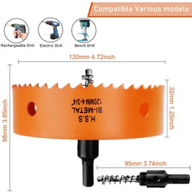 120mm Hole Saw, 4-3/4'' HSS Bi-Metal Hole Cutter with Arbor, Cutting Depth 32 mm, Hole Saw Drill Bit for Cutting Wood, Plywood, Plastic, Drywall, Thin Metal Sheets (with 1 spare drill)