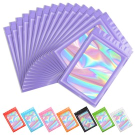 Funfery 100 pcs Purple Mylar Holographic Resealable Bags - Clear Seal Foil Pouch Zipper Bag for Food Storage, Gloss, Lash, Jewelry Packing - Small Business (6.3x9.4In)