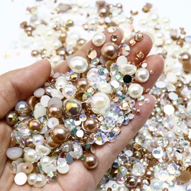 Towenm 60g Flatback Pearls and Rhinestones for Crafts, Mix Rhinestones and Half Pearls for Tumblers Shoes Face Nail Art, 2mm-10mm Mix Pearl Rhinestones for Bedazzling, Ivory|Light Coffee