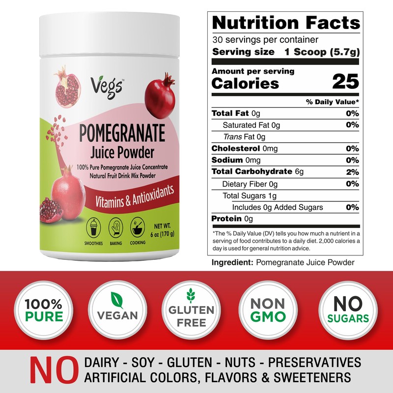 Vegs Pomegranate Juice Powder - Freeze Dried Organic Pomegranate Fruit