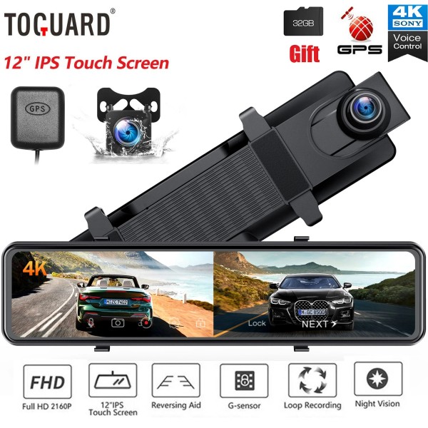 TOGUARD 12" 4K Dual Mirror Dash Cam Front and Rear
