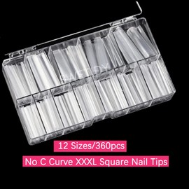 SWETIDY - Puntas de uñas cuadradas largas 3XL para uñas acrílicas profesionales, 360 unidades, transparentes, rectas y aplanadas, media cubierta, con estuche para salones de uñas y bricolaje en casa, 12 tamaños