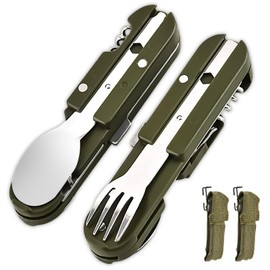 2 Stück Campingbesteck Klappbesteck, Edelstahl Besteck 5 in 1 Klappbesteck Flaschenöffner Campingbesteck als Messer Gabel Löffel Set Outdoor, Tragbares Besteck