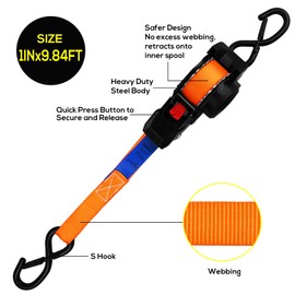 ANLULOAD Retractable Ratchet Strap(1 in x 9.8 ft),Ratchet Tie Down Strap for Motorcycles, Boats,Atvs,Utvs.W.L.L:700 Lbs/B.S:2,100 Lbs-(4Packs) (Orange)