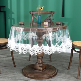 Jeloris Plastic Clear Round Tablecloth Vinyl PVC Waterproof Tablecloth Embroidered Lace Edge Transparent Table Cover for Kitchen Dining Coffee Table (Round 60 inch, White)