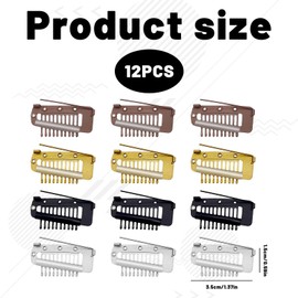 Chunni Clips with Safety Pin 12 Pcs Wig Clips 10-Teeth Invisible Wig Grip Chunni Dupatta Clips for Girls Women Wigs Headscarves (Black + Brown + Gold + Silver)