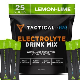 Fluid Tactical - Electrolyte Powder Drink Mix, 25 Count, Travel Ready Stick Packs, Extreme Re-Hydration, Low Sugar, Prevent Dehydration, Eliminate Cramps (Lemon-Lime)