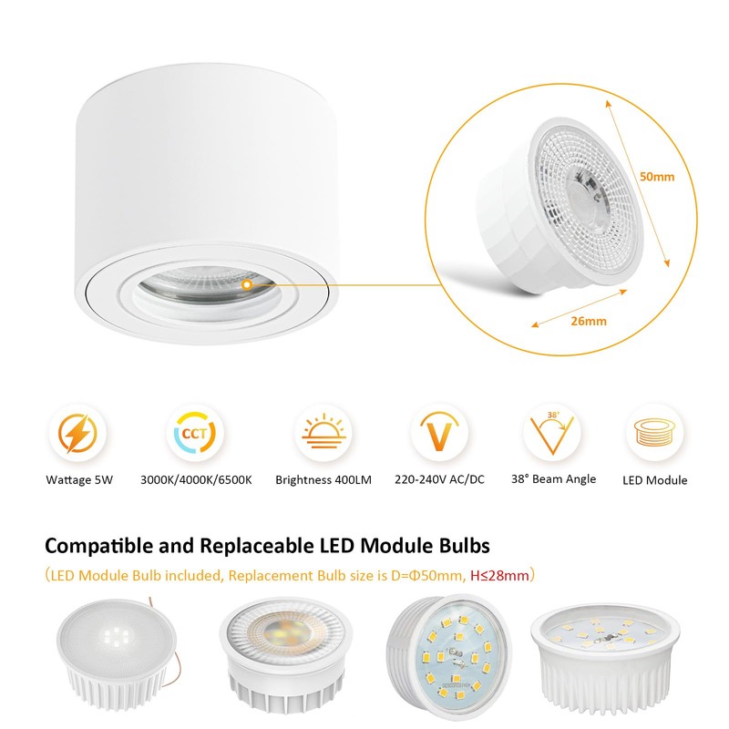Gleonlux LED Surface-Mounted Spotlight, IP44, White, Dimmable, Surface-Mounted Spotlights, Flat,