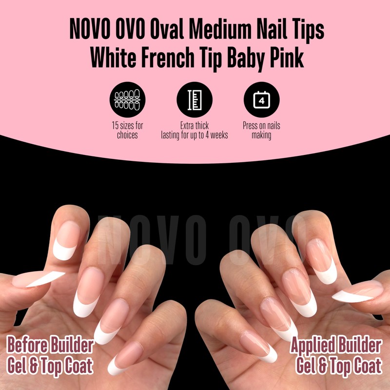 NOVO OVO White French Tip Oval Nail Tips, Press on