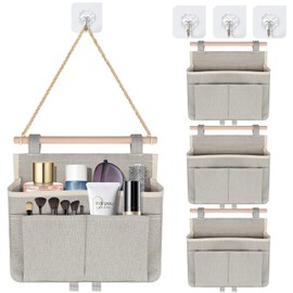 KASURE Pack of 4 Hanging Storage Bag, Foldable Canvas Wall Organiser, 3 Compartments with 4 Hooks, Hanging for Home/School/Office/Business/Motorhome/Tent