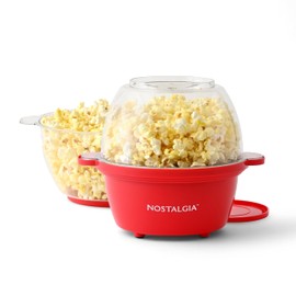 Nostalgia Electric Non Stick Stirring Popcorn Maker for 8 Cups of Theater Style Popcorn with Hot Oil - Dual-Use Lid & Serving Bowl Cool Touch Handles - Easy to Store - Red