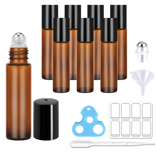 bofessor 8 Pack Essential Oil Roller Bottles, 10ml Amber Glass Roll on Bottles, Stainless Steel Roller Ball, Opener, Plastic Pipettes, Funnel, 8 Stickers, Refillable Container for Perfume