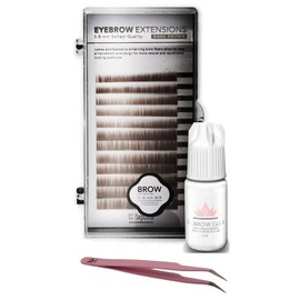 Eyebrow Extensions Kit with 1 x Trays of Mink Eyebrows in Dark Brown Comes on Mixed Length Trays 5-8 Mm Mix, Eyebrow Extension Glue Clear & Extension Tweezers (Dark Brown, Pink Tweezer)
