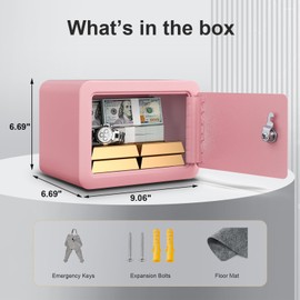Marcree 0.23 Cubic Small Safe Box for Home, Mini Safe for Kids, Pink Safe with Key, Security Cabinet Safe with Cutting-edge Bending, Lock Box with Keys for Money Cash, 6.69 x 9.06 x 6.69 Inches, Pink