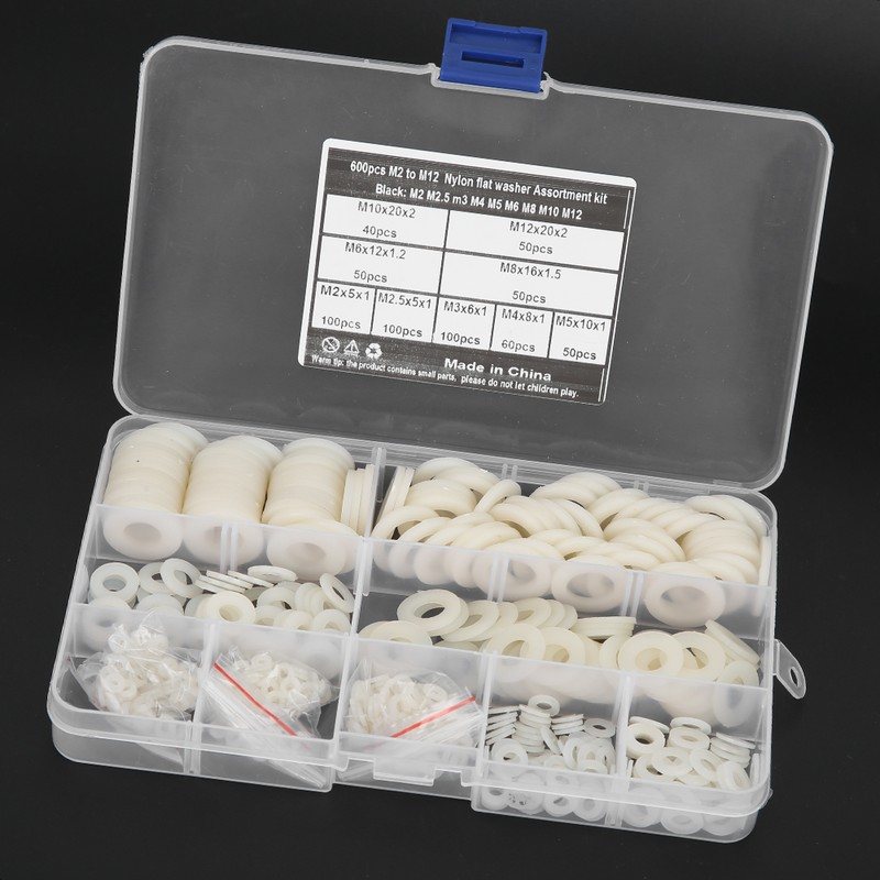 600Pcs Flat Washer 9 Sizes White Nylon Gasket Assortment Kit