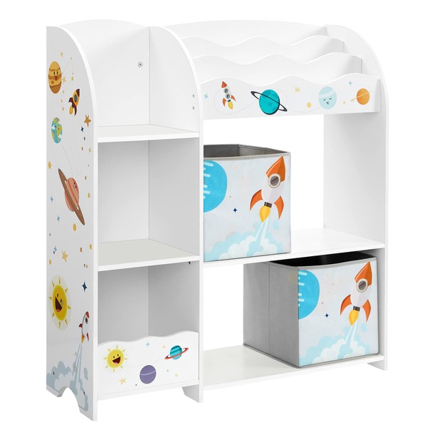 SONGMICS Toy and Book Organizer for Kids, Storage Unit with 2 Storage Boxes, for Playroom, Children’s Room, Living Room, White UGKR42WT, 93 x 30 x 100 centimeters