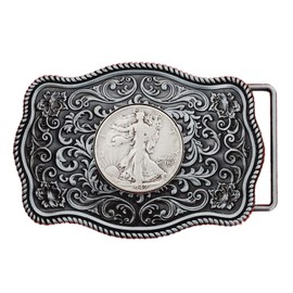 US 1942 Walking Liberty Half Dollar 90% Silver Coin Silver Belt Buckle NEW - Beautiful Western Scroll Design