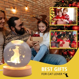 3.15in 3D Cat Figurine Crystal Ball Lamp, Cat Light Lamp ​with Wooden Base, Cat Gifts for Cat Lovers, Cat Stuff for Cat Lovers, Birthday Christmas Mothers Day Cat Temed Items for Women Cat Lovers