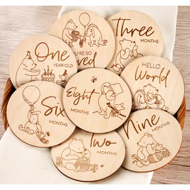 Winnie Baby Monthly Milestone Marker, Wooden Discs for Baby Photo Props with Hello World Newborn Sign - 8Pcs Double Sided Signs- Laser Engraving