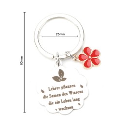 OBEISN Stainless Steel Keyring with Red Flower Pendant, Thank You to Teacher, Gift for Women, Birthday Gift for Teacher, Small Gift for Teacher, Birthday Gift for Girlfriend, silver