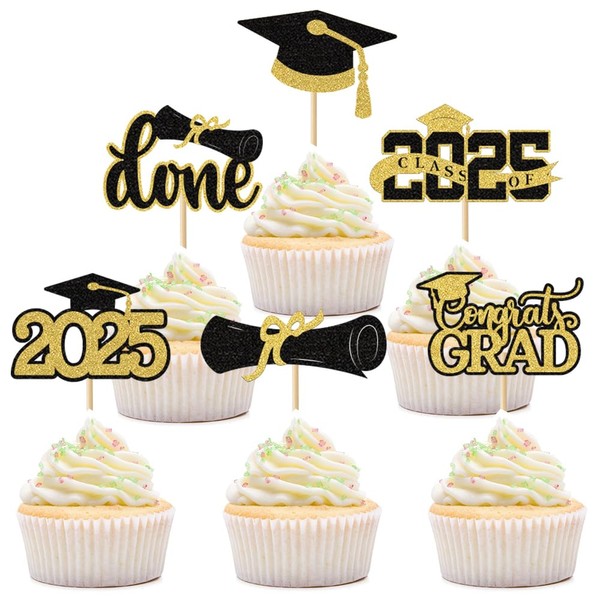 24 Pcs Graduation Cupcake Toppers 2025, Gold Glitter Grad Cupcake