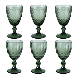 WHW Whole House Worlds Baroque Goblet Glasses, Set of 6, Translucent, Non Lead Crystal Glass, Weighted, 10 Fluid Ounces/ 300 ml, 6.75 Inches Tall, Faceted and Beaded Arabesque Patterns