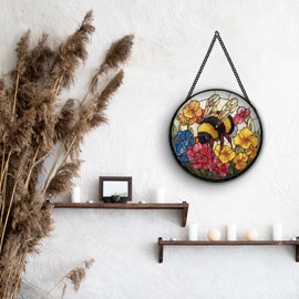 Hiuwevt Bee Suncatcher Stained Glass Window Hanging, Cottagecore Honeybee Flower Sun Catchers Indoor Window Glass Wall Art Decor, Bee Floral Round Wall Hanging Decorations, 7.9x7.9 inch