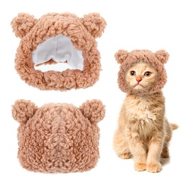 Cute Cat Costume Bear Hat, Soft Plush Pet Headwear for Cats and Small Dogs, Adjustable Warm Winter Accessory Soft Small Pet Headwear for Photoshoots and Parties