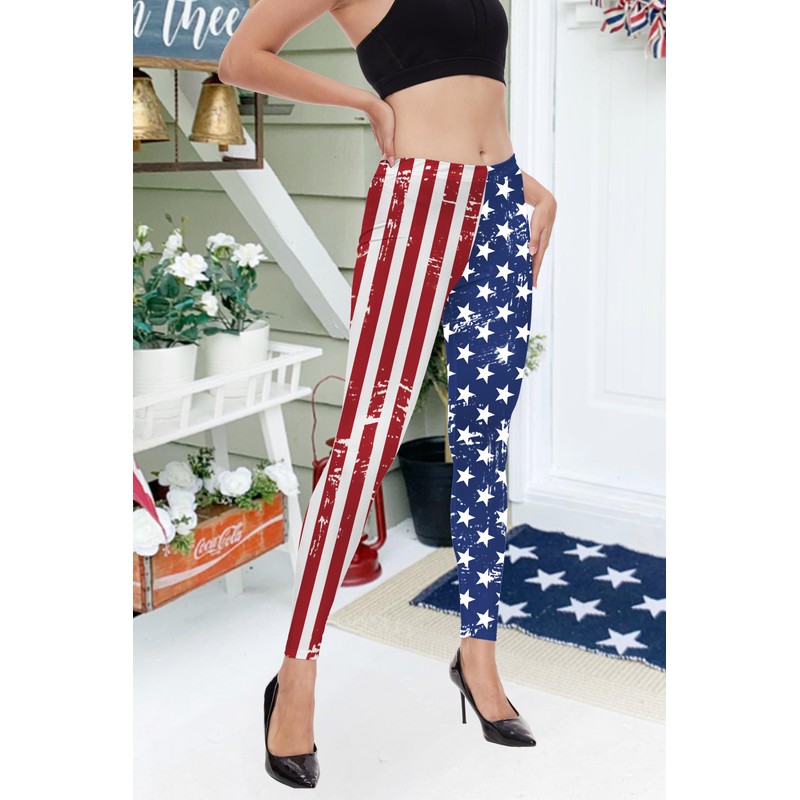 TMSD Women's USA Flag Stretchy Stars Stripes Pants Independence Day