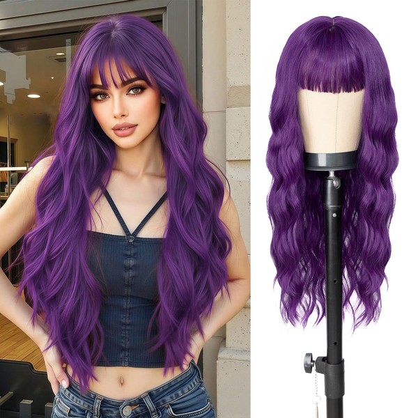 ENTRANCED STYLES Purple Wigs for Women,Dark Purple Wig with Bangs