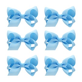 6 PCS Hair Clips with 3" Grosgrain Ribbon Bows - Solid Color Hair Accessories for Toddler Girls and Kids (Light Blue)
