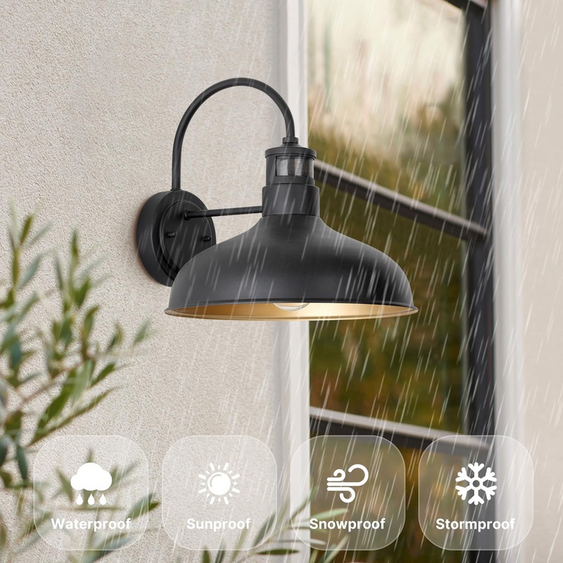 GOALPLUS 12in Exterior Barn Light Motion Sensor Black Outdoor Gooseneck