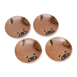MINO WARE JAPAN Mino-yaki Japanese Small Plates Set of 4 - Ceramic Tanuki Raccoon Dog Design, Handcrafted in Japan, Appetizer Dessert Snack Dishes (3.5 inches)