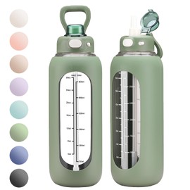 SIEROZUR 32 Glass Water Bottle with Straw and Handle Motivational Water Bottles with Silicone Sleeve and Time Marker Leakproof Borosilicate Water Bottle for Gym Home Office