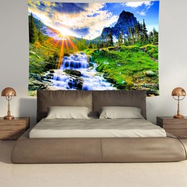 Delur Mountain Waterfall Tapestry Sunset Forest Tapestry Tree Nature Landscape Tapestry Rainforest Scenery Tropical Tapestry Psychedelic Wall Hanging Headboard Tapestry for Home Decor (51.2" x 59.1")