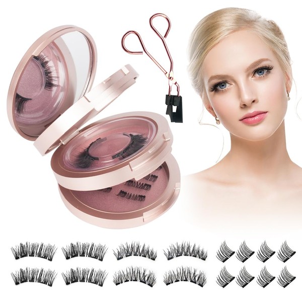NAVESO Magnetic Eyelashes Without Eyeliner, 4 Pairs 3D Magnetic Eyelashes Set with Applicator, Magnetic False Eyelashes, Natural Look for Daily Make-Up, Reusable, Pink
