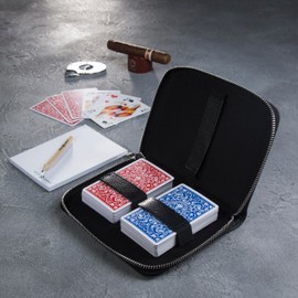 Melia Games Deluxe Playing Card Set, Premium Card Case Made of Finest Leather, Complete Set Including 2 Decks of Playing Cards, Notepad and Pencil (All Black)