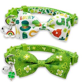 Pohshido 2 Pack St. Patrick Day Cat Collar with Bow Tie,Holiday Kitty Kitten Collar with Bell for Male Female Boys and Girls (Luckyclover)