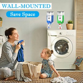 2 PCS Laundry Detergent Dispenser, 44 oz Wall Mounted Laundry Soap Dispenser with Faucet Liquid Detergent Holder for Laundry Room, Fabric Softener Container with Labels Adhesive Hook Measuring Cup