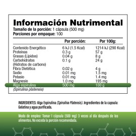 Espirulina 500mg - 1500 mg (3 Cápsulas) - 100 Cápsulas - S&V - Sin Gluten y Sin OMG