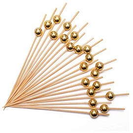 100 Count Bamboo Cocktail Stick 4.7inch Selection Disposable Handmade Golden Pearl Fruit Long Toothpicks, Used for Wedding Birthday Party Appetizer Drink Sandwich Food Decoration
