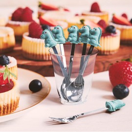 Appetizer Spoons and Forks, 6-Piece Cocktail Spoons and Forks, Dinosaur, Stainless Steel and Silicone Small Spoons and Forks for Fruits, Cheese, Appetizers
