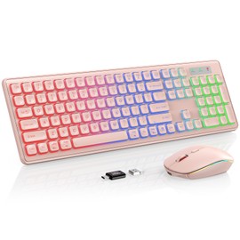Wireless Keyboard and Mouse Combo, RGB Backlit, Rechargeable & Light Up Letters, Full-Size, Soft Typing, Sleep Mode, 2.4GHz Quiet Keyboard Set for Mac, Windows, Laptop, PC, Trueque (Pink)