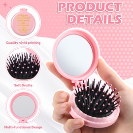 Leinuosen 12 Pack Folding Mirror Hair Brush with Inspirational Quotes Round Mirror Pocket Hairbrush Travel Wet and Dry Hair Comb Motivational Gifts for Women Coworker Nurse(Pink)
