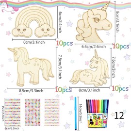 KIKVTER 40 Pieces Unicorn Craft Set Kit, Unicorn Wood Craft Set for Painting, Wooden Craft Sets for Children, Unicorn for Painting with 12 Watercolour Pens + 3 Sequin Stickers for DIY Unicorn Wood