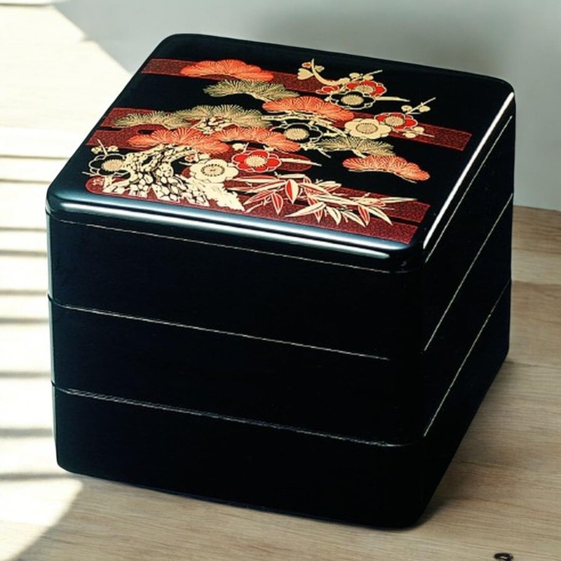 J-kitchens Lacquerware Heavy Box, 3 Tiers, 6 Inches, Black Pine/Plum,