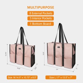 TOPDesign Utility Water Resistant Tote Bag with 13 Exterior & Interior Pockets, Top Zipper Closure & Thick Bottom Support, for Working Women, Teachers, Nurses, Accountants (M Pink)