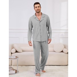 Marvmys Men's Sleep Sets,Cozy Pajamas Set Soft Sleepwear Long Sleeve Top & Bottom PJS Lounge Set Grey XL