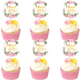 24PCS Thank you Cupcake Toppers Pink Flower Thank You Cupcake Picks for Birthday Anniversary Thanksgiving Day Wedding Bridal Party Decoration Supplies